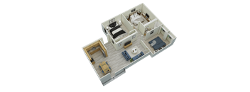 A 3D floor plan of a house with a living room, dining room, kitchen, and two bedrooms.