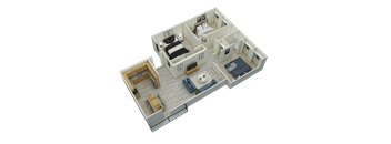 A 3D rendered image of a small apartment layout.