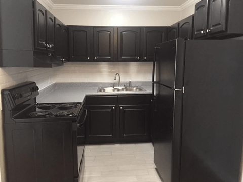A black kitchen with a refrigerator, sink, and stove.