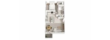 A white floor plan of a house with a kitchen, living room, and bathroom.