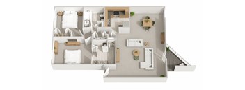 A top-down view of a modern apartment layout with a kitchen, living room, and bathroom.