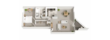A 3D floor plan of a house with a kitchen, living room, and bathroom.