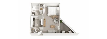 A white and wood bathroom with a staircase.
