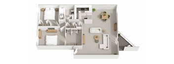 A white floor plan of a house with a staircase on the right side.