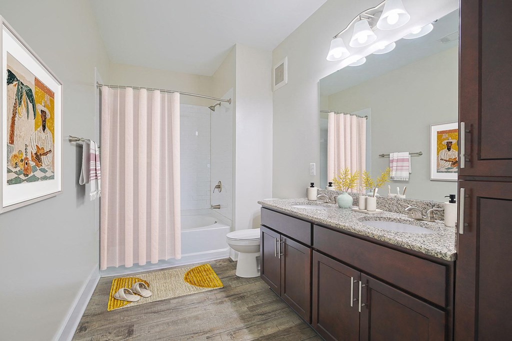 a bathroom with a shower toilet and sink and a mirror