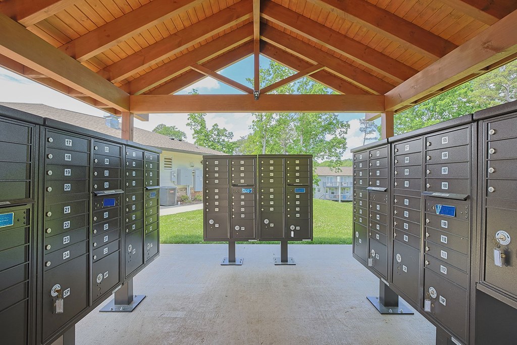 a row of lockers in front of a building