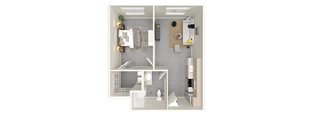 a 3d rendering of a bedroom floor plan of a 2100 sq ft apartment