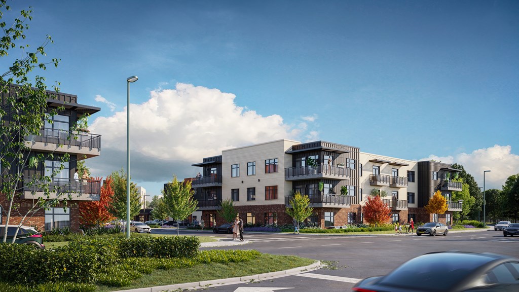 a rendering of an apartment complex on a city street