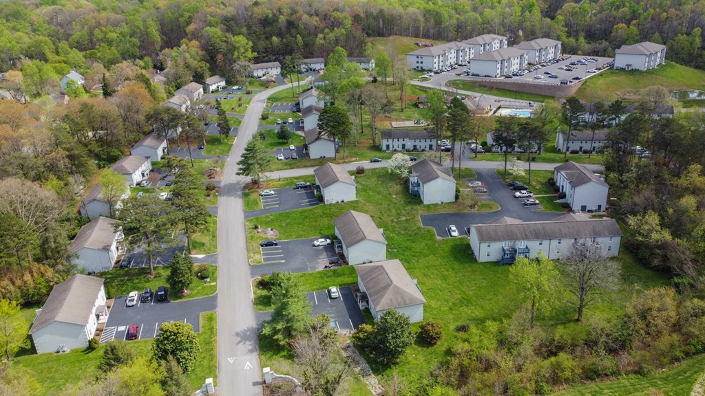 an aerial view of a neighborhood with houses and trees