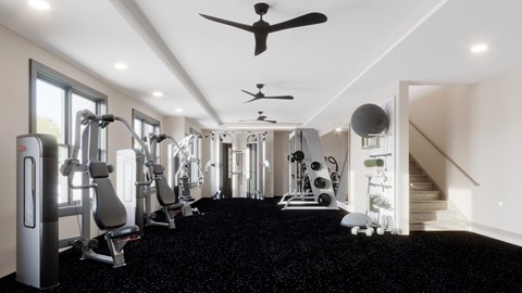 A spacious home gym with a variety of exercise equipment.
