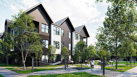 a rendering of a row of houses with trees and a sidewalk