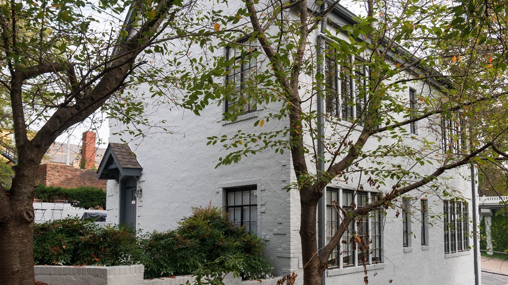 a white house with a tree in front of it