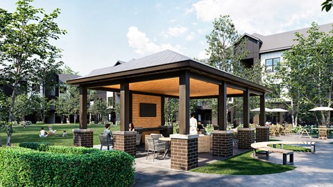 a rendering of a pavilion with tables and chairs in a courtyard