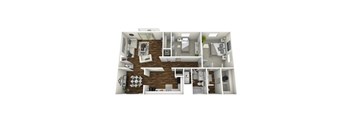 A 3D floor plan of a house with a kitchen, living room, and bedrooms.