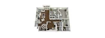 A 3D floor plan of a house with a kitchen, living room, and bathroom.