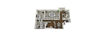 A 3D floor plan of a house with a kitchen, living room, and bathroom.