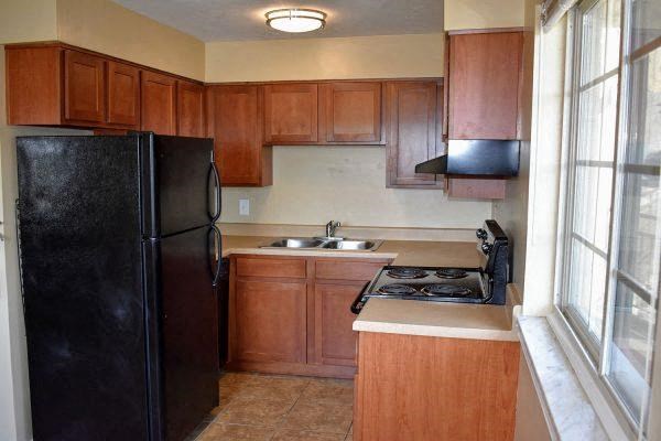 a kitchen with a black refrigerator and a sink