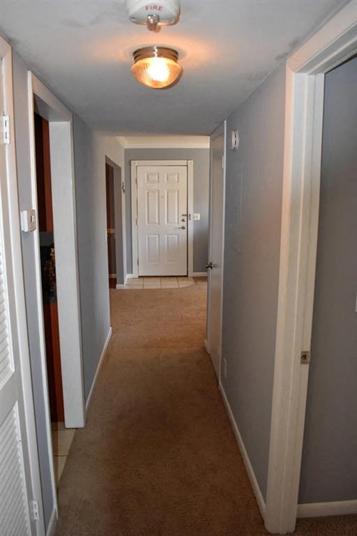 a hallway with a white door and a light on the ceiling