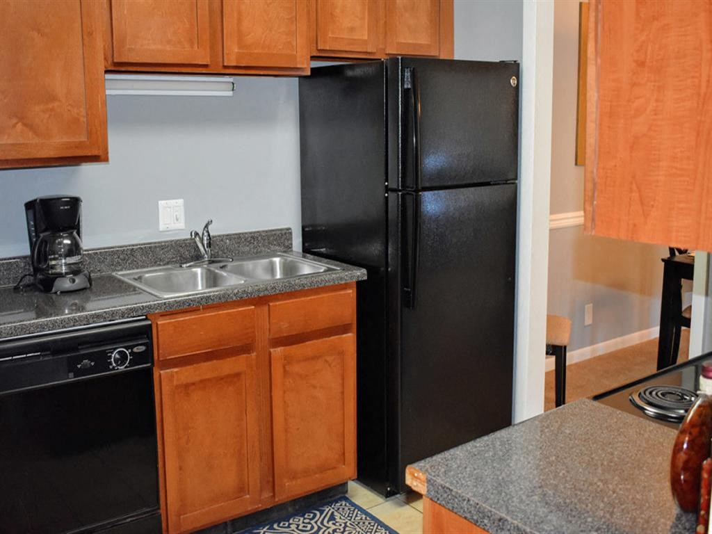 a kitchen with a black refrigerator and a sink