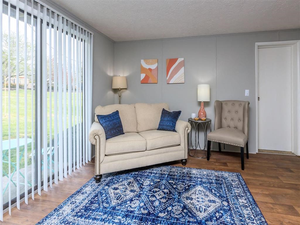 a living room with a couch and a rug