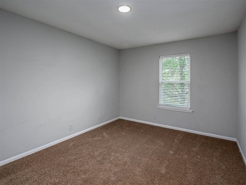 A room with a carpeted floor and a window with blinds.