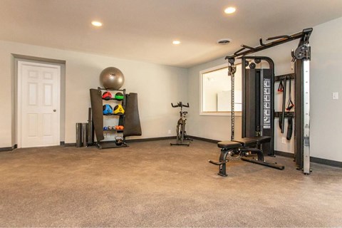 A spacious home gym with a variety of exercise equipment.