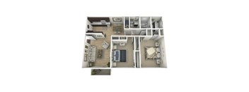 A 3D floor plan of a small apartment with a kitchen, living room, and bedroom.