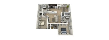 A 3D floor plan of a small apartment with a kitchen, living room, and bedroom.
