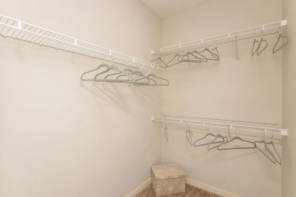 A white closet with two racks of hangers.