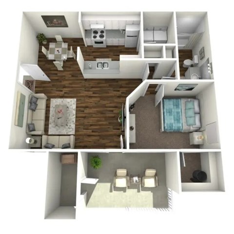 A 3D rendered image of a modern apartment layout.