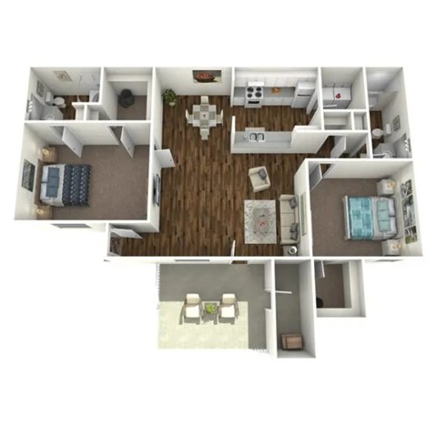 A 3D floor plan of a house showing a kitchen, living room, dining room, and two bedrooms.