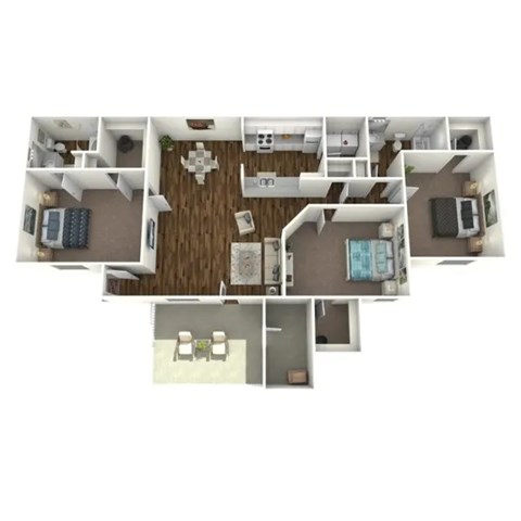 A top down view of a house interior with a kitchen, living room, and bathroom.