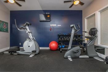 A home gym with a treadmill, exercise bike, and weights.