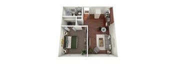 A 3D floor plan of a small apartment with a kitchen, living room, and bathroom.