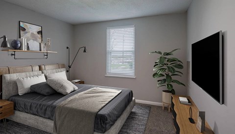 A bedroom with a bed, a nightstand, a chair, a plant, and a TV mounted on the wall.