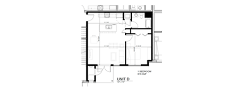 A black and white image of a floor plan for a 1 bedroom apartment.