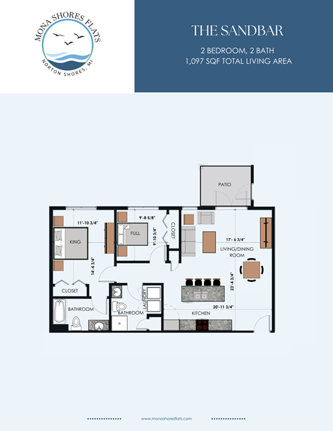 A floor plan for a property called The Sandbar, which has 2 bedrooms and 2 bathrooms with a total living area of 1,097 square feet.