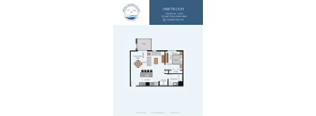 A floor plan for a property at Moka Shores shows a one bedroom, one bath unit with a living/dining area, kitchen, bathroom, and closet.