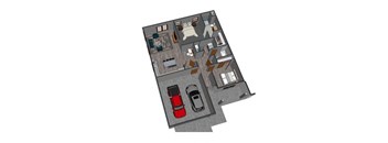 floor plan of a house with a garage and a red car