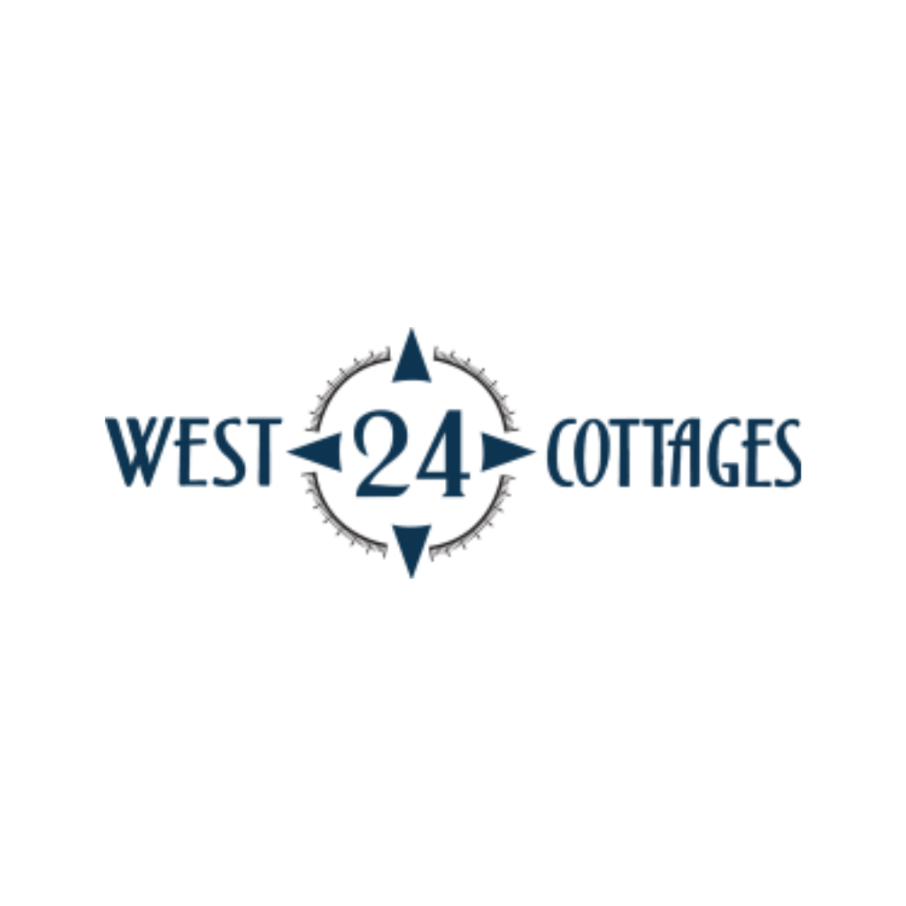 A logo for West 24 Cottages with a circular arrow design.