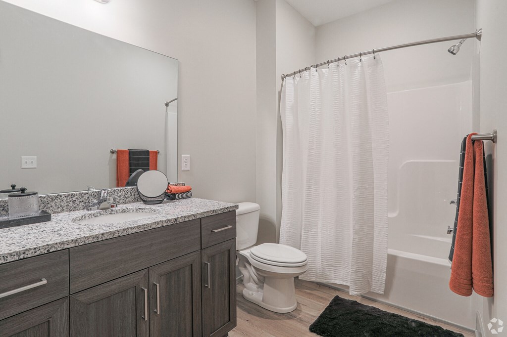 A bathroom with a toilet, sink, and shower.