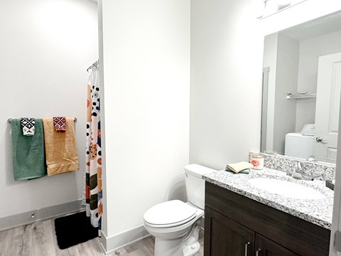 A white toilet sits next to a sink in a bathroom.