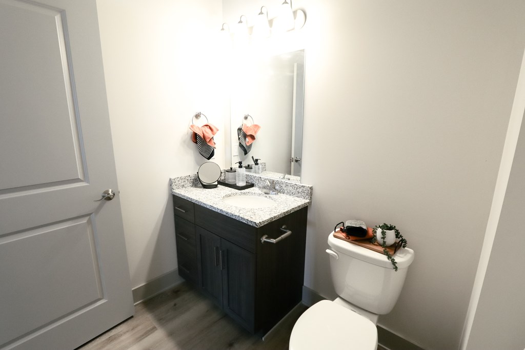 A bathroom with a toilet, sink, and mirror.