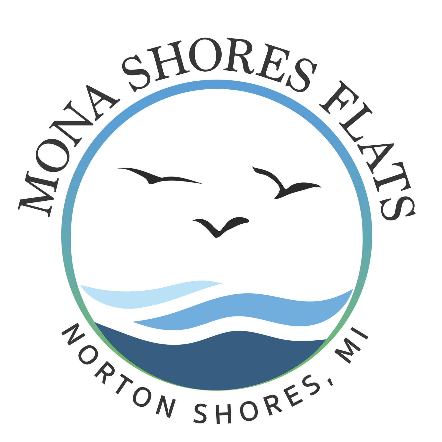 The image is a logo for Mona Shores Flats in Norton Shores, MI.