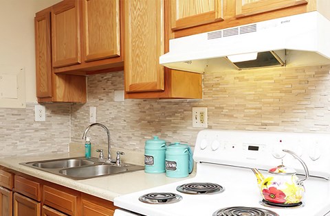 a kitchen with a sink and a stove