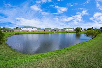 a pond with houses in the background