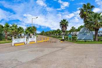 a view of the entrance to green cove with palm trees on the side of the road