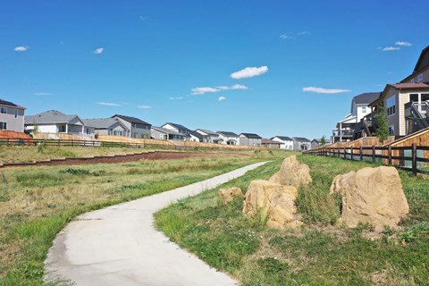 a path leading to a row of houses on a field