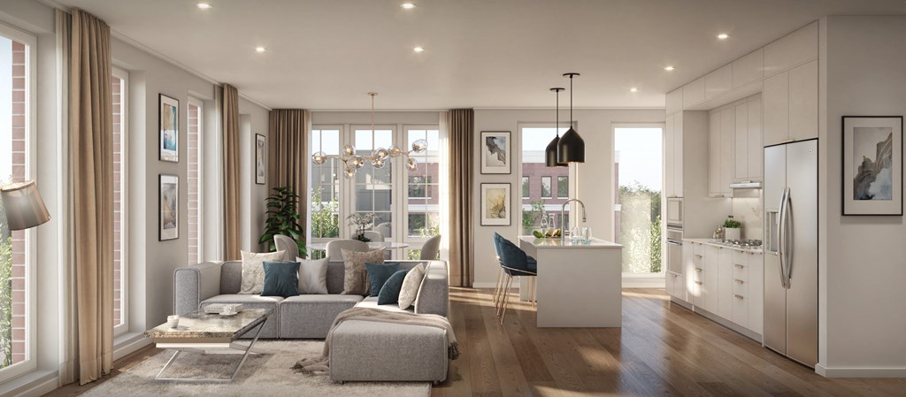 a rendering of a living room with a kitchen in the background