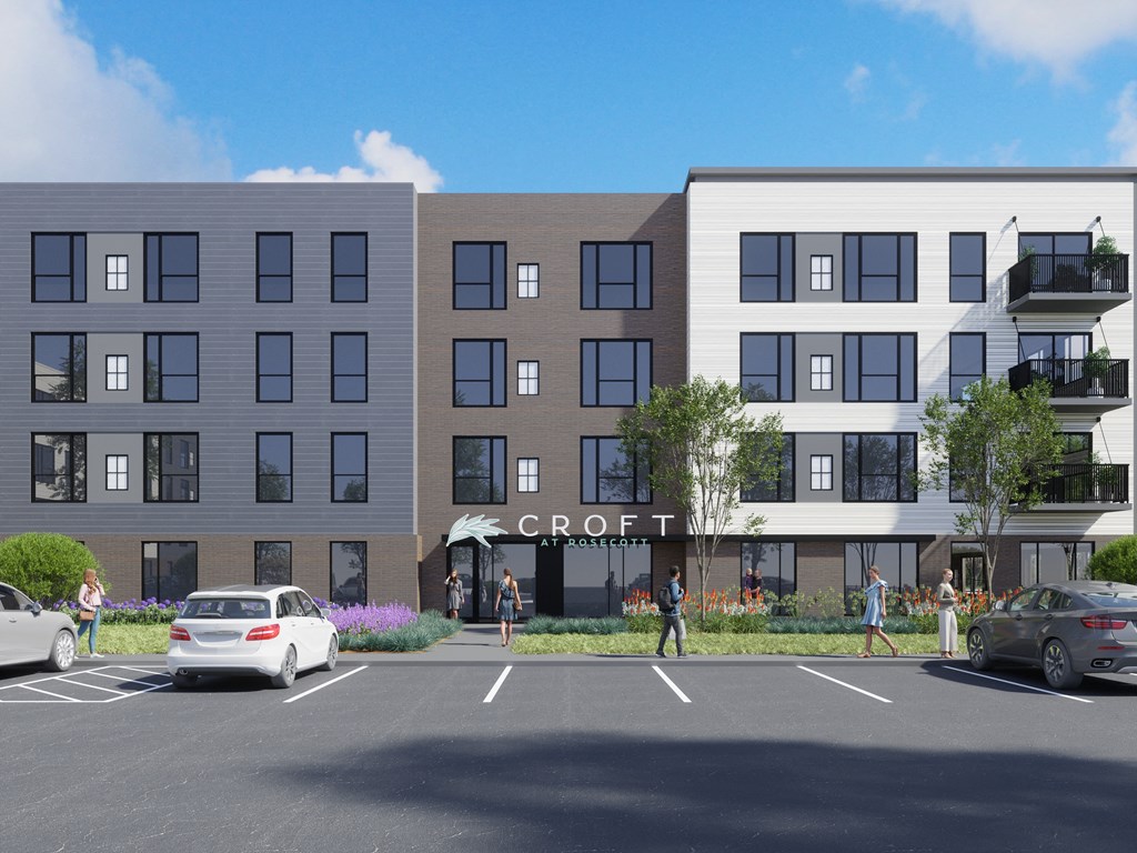 A rendering of a modern apartment complex with the name "C.ROFT" on the front.